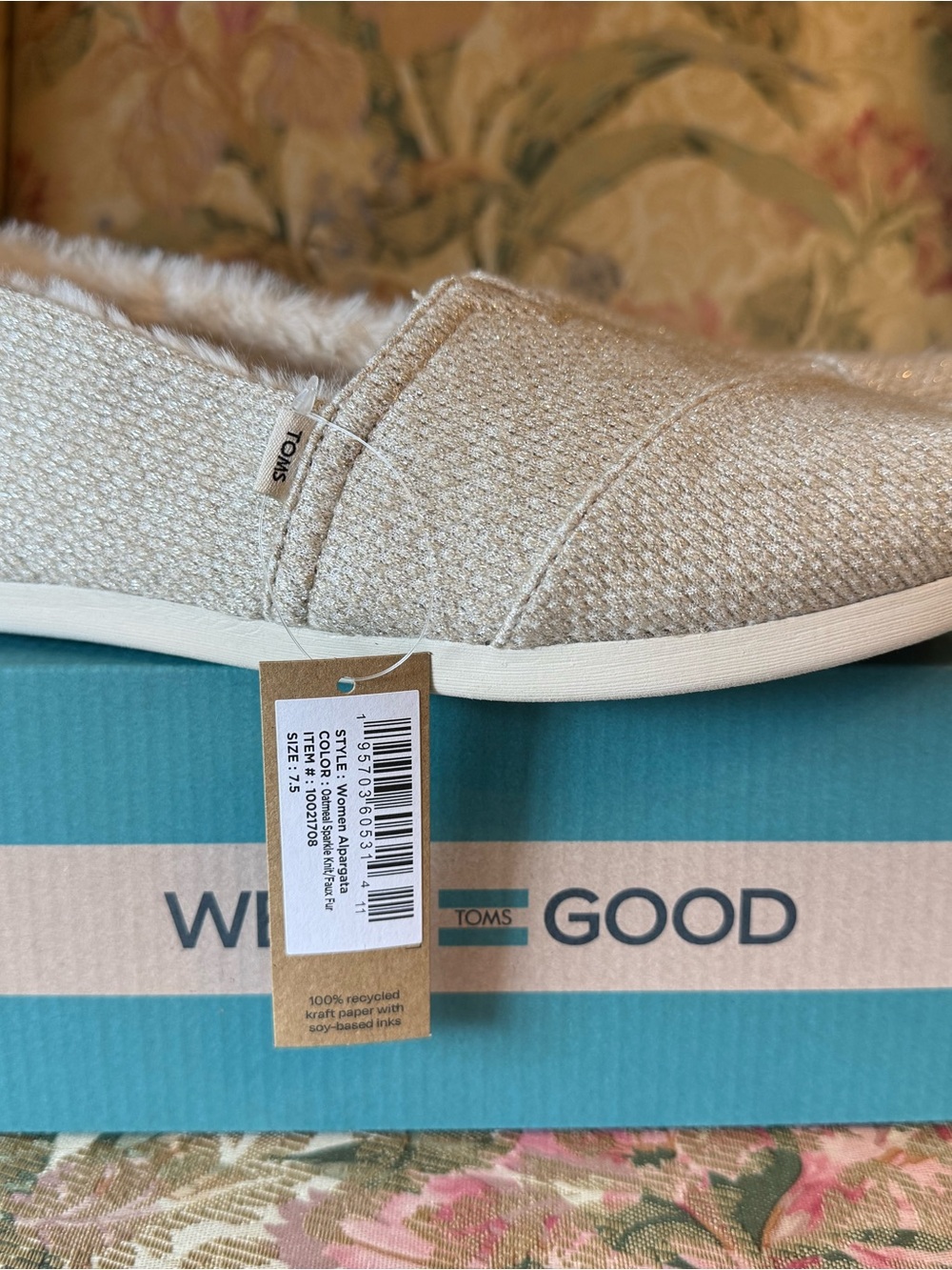 Toms Women’s Alpargata Oatmeal Sparkle Knit Faux Fur - Size 7.5